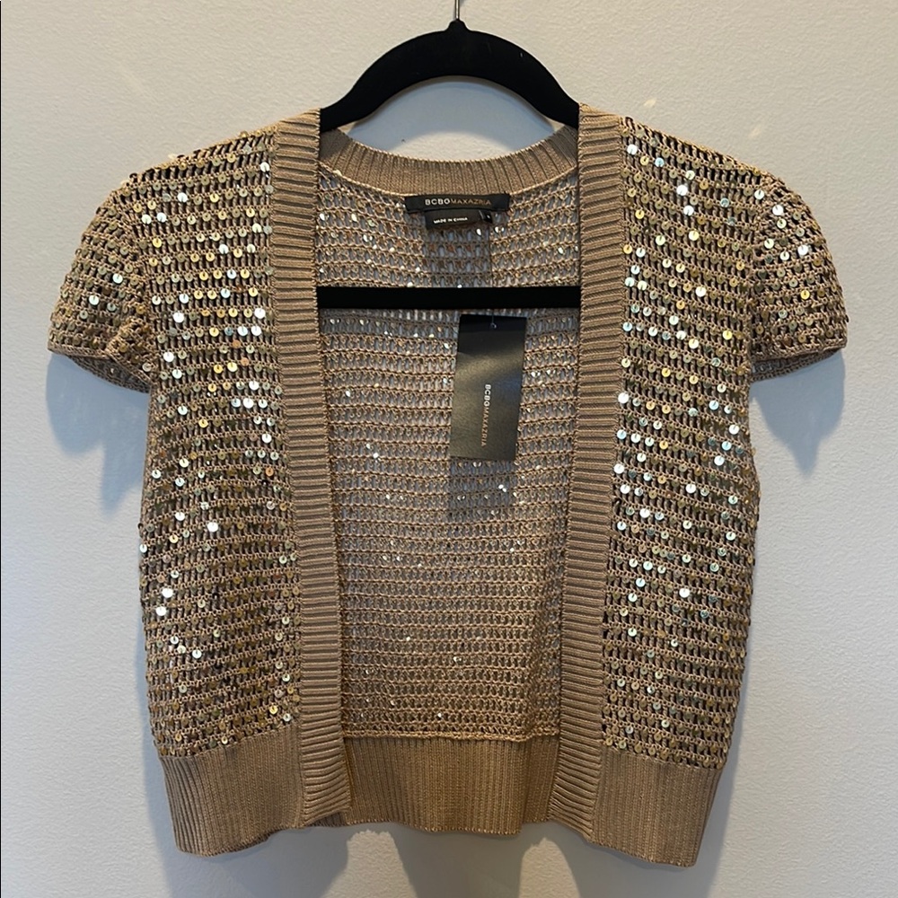 BCBGMAXAZRIA Tan Sequin Knit Cardigan